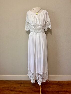 Bohemian White Maxi Dress with Crochet Detailing